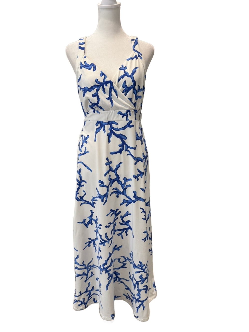 J. McLaughlin White Maxi Dress with Blue Coral Print. Medium